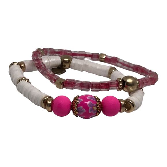 Boho Chic Pink White Bracelet Set Glass Heishi  Handcrafted Upscale Beach Vibes - Picture 1 of 6